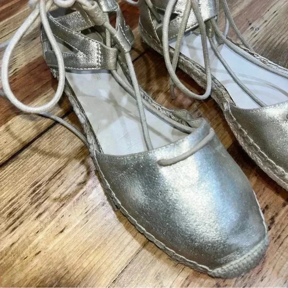Marc Fisher genuine soft leather, gold, ankle tie, flat, espadrilles, shoes,